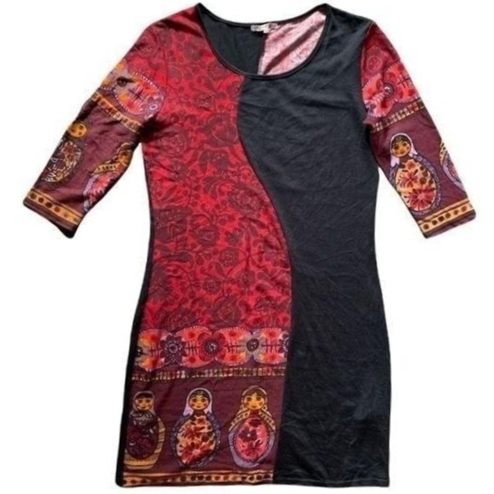 Matryoshka Doll Print Dress Red Black‎ Novelty Unique Casual Women XL